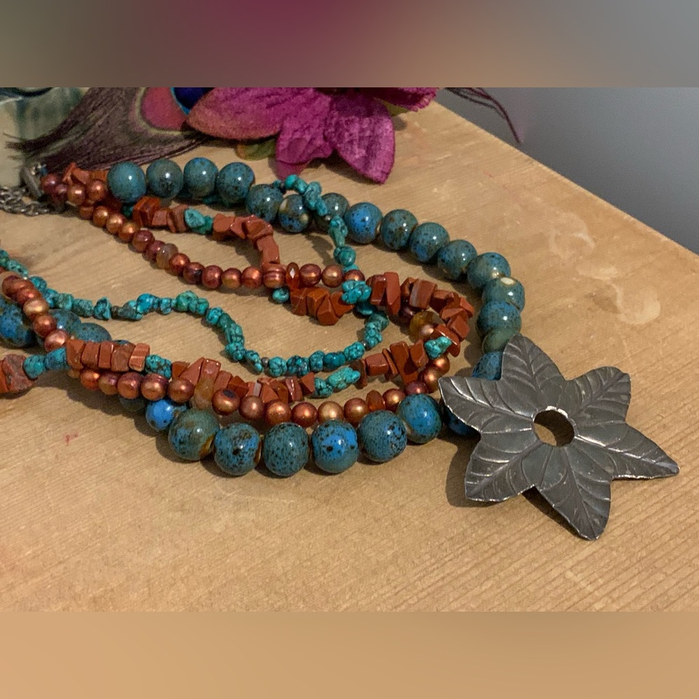 Artisan Multi Strand Turquoise and Pearl Necklace - Picture 4 of 7
